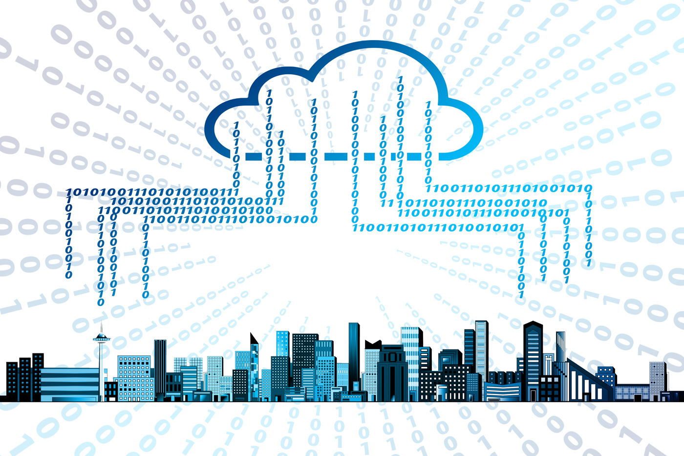 A graphic of a cloud with binary code falling from it above a city scape