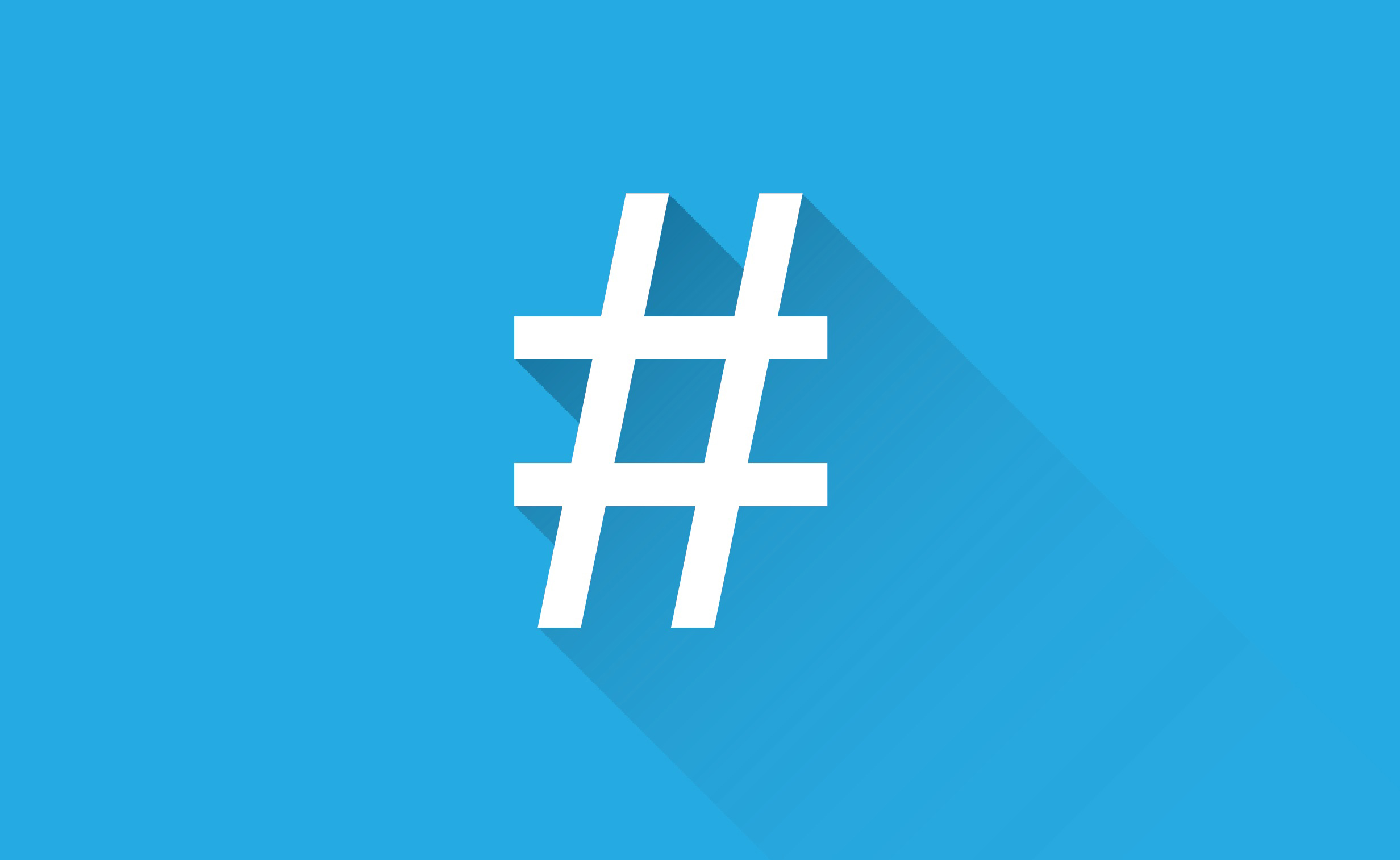 A white hashtag graphic against a bright blue background